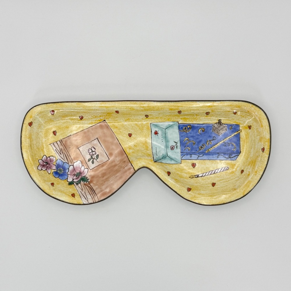 Empress Arts 2002 Handpainted Enamel Trinket Eyeglass Tray Yellow Floral Hearts